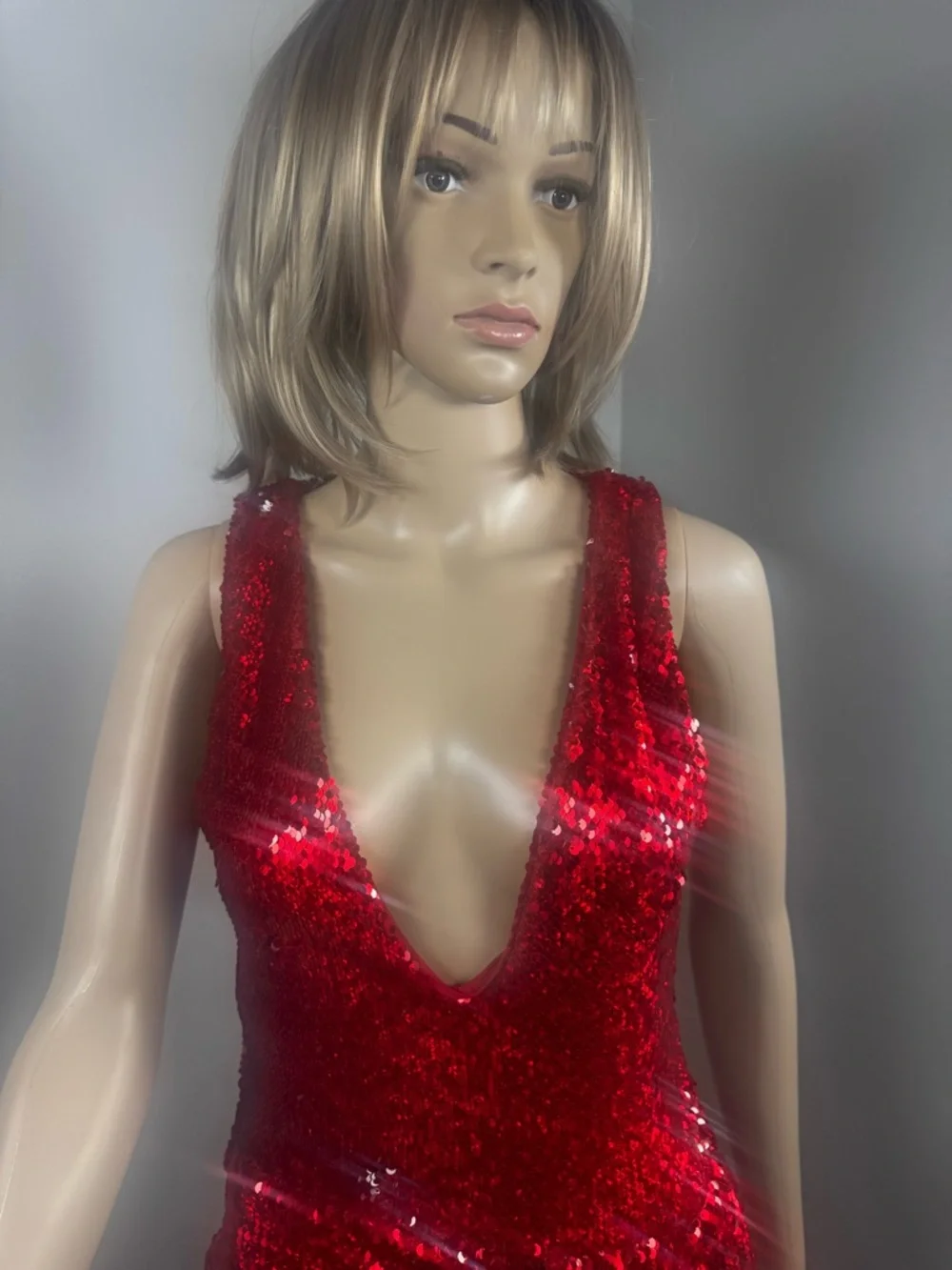 AKIRA Red Sequin Deep V Party Dress NWT  Medium Holiday Vegas - Picture 3 of 6